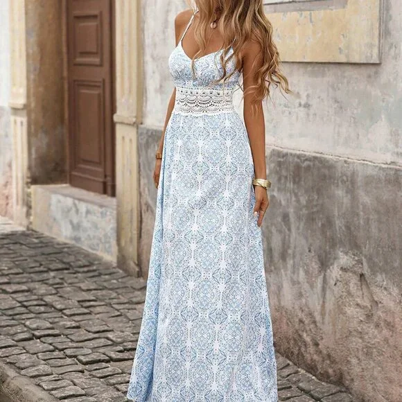 Blue And White Boho Women's Floral Print Contrast Lace Spaghetti Strap Dress - Picture 4 of 7